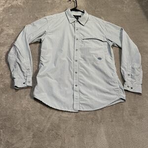 ExOfficio Shirt Mens Medium Blue Green Check Vented Travel Fishing Zip Pocket